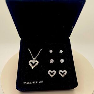 Heart Necklace and Stud Earring Trio Set -CZ Silver Tone NWT